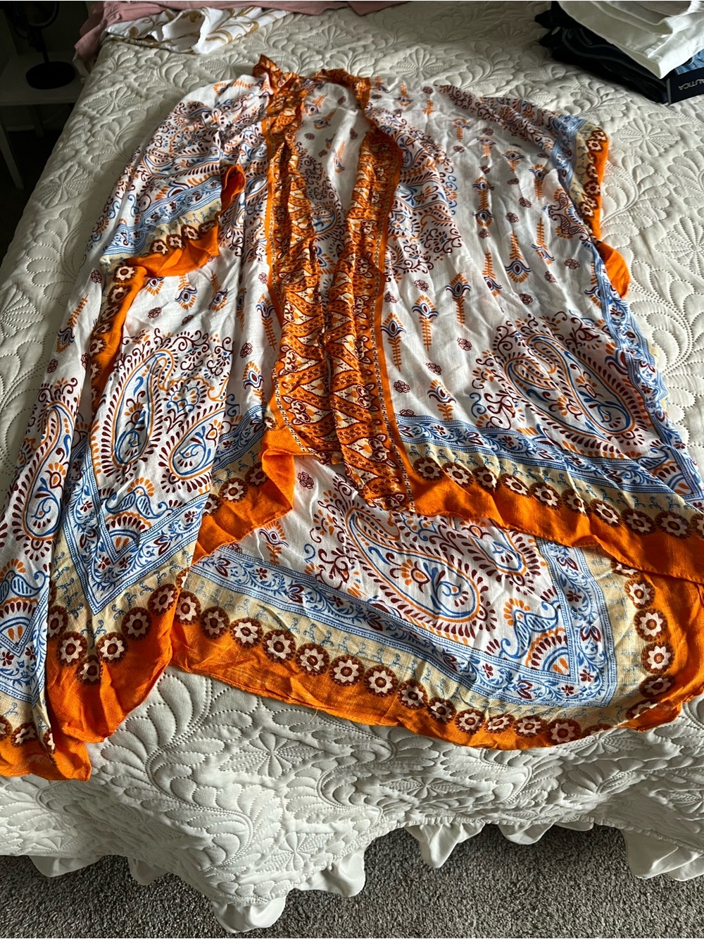 Orange & White Paisley Bathing Suit Cover Lightweight Boho Print